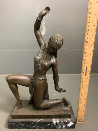 1920's Style Bronze Turkish Dancer with Tambourine on Marble Base - App. 390mm Tall - Signed to Base