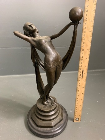 1920's Style Bronze Lady with Ball on Marble Base