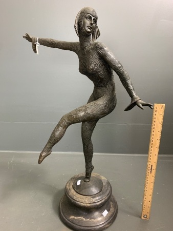 Tall 1920's Style Bronze Dancer in Hooded Harlequin Design Costumer on Marble Base