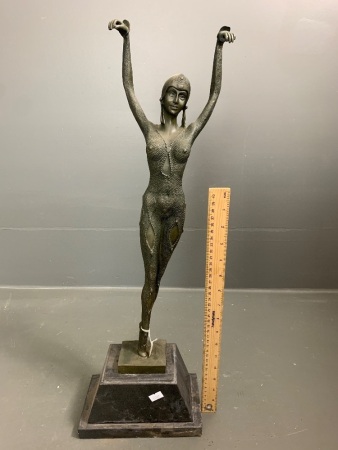 Tall 1920's Style Bronze Dancer in Harlequin Design Costume on Marble Base