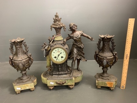 Latge French Spelter and Onyx Mantle Clock and Garniture