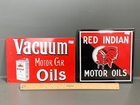 2 Reproduction Heavy Enamelled Steel Motor Oil Signs - Vacuum and Red Indian