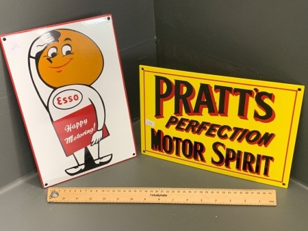 2 Reproduction Heavy Enamelled Steel Motor Spirit/Oil Signs - Pratts and Esso