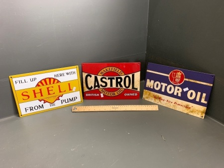 3 Reproduction Heavy Enamelled Steel Motor Spirit/Oil Signs - Shell, Castrol and Neptune