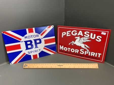 2 Reproduction Heavy Enamelled Steel Motor Spirit Signs - Pegasus and BP