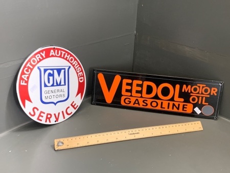 2 Reproduction Heavy Enamelled Steel Motoring Signs - Veedol & General Motors