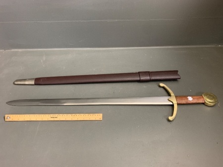 Lifesize Decorator Steel Sword with Mahogany Handle, Brass Mounts and Covered Timber Scabbard