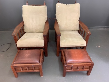 Pair of Quality Crafted Mahogany Morris Chairs with Turned Balusters to Sides + Matching Leather Topped Ottoman Footstools from Hermitage Furniture Eumundi