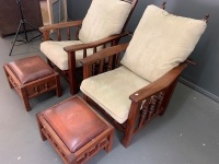 Pair of Quality Crafted Mahogany Morris Chairs with Turned Balusters to Sides + Matching Leather Topped Ottoman Footstools from Hermitage Furniture Eumundi - 2