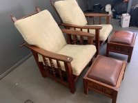 Pair of Quality Crafted Mahogany Morris Chairs with Turned Balusters to Sides + Matching Leather Topped Ottoman Footstools from Hermitage Furniture Eumundi - 3