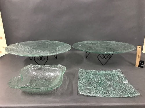 2 Large Glass Platters on Stands + 2 Other