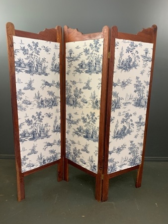 3 Part Red Cedar Framed Folding Screen - Blue Toile on 1 Side - Floral Painting Reverse