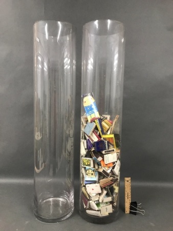 2 Tall Cylinder Vases with Collection of Match Books