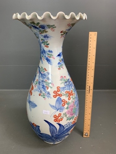 19th Century Tall Japanese Hand Painted Vase with Fluted Rim and Kintsugi Style Repair