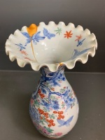 19th Century Tall Japanese Hand Painted Vase with Fluted Rim and Kintsugi Style Repair - 4