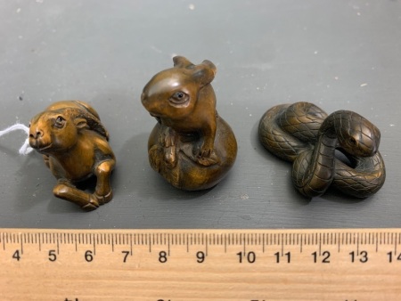 3 Asstd Carved Boxwood Japanese Netsuke - Snake, Rabbit and Goat - All Signed to Base