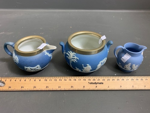 Antique Wedgwood Jasperware Sugar Bowl and Cream Jug with Plated Mounts As Is - + Later Small Jug