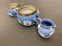 Antique Wedgwood Jasperware Sugar Bowl and Cream Jug with Plated Mounts As Is - + Later Small Jug - 2