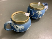 Antique Wedgwood Jasperware Sugar Bowl and Cream Jug with Plated Mounts As Is - + Later Small Jug - 3