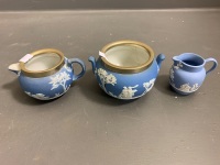 Antique Wedgwood Jasperware Sugar Bowl and Cream Jug with Plated Mounts As Is - + Later Small Jug - 4