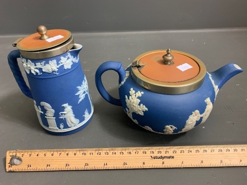 Antique Wedgwood Jasperware Teapot and Milk Jug with Silver Plated Mounts - Worn - c1900's