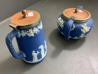 Antique Wedgwood Jasperware Teapot and Milk Jug with Silver Plated Mounts - Worn - c1900's - 3