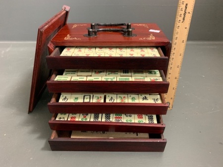 Chinese Shell Inlaid Rosewood Boxed Bamboo and Lucite Mahjong Set