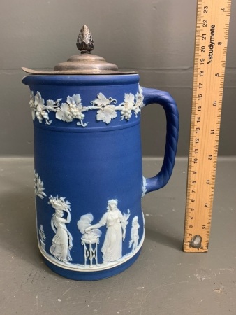 Antique Wedgwood Jasperware Wine Jug with Original Britannia Metal Lid - c1890