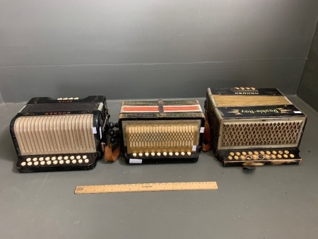 3 x Vintage German Hohner Button Accordions for Restoration inc. Erica, Double Ray + 1 Other