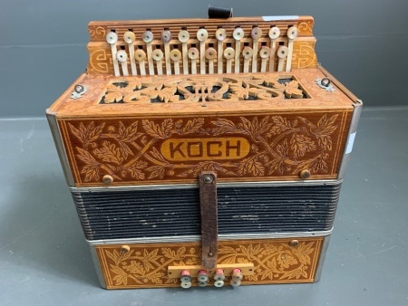 Vintage Koch German Button Accordion in Carved and Fretwork Timber Case with MOP Buttons