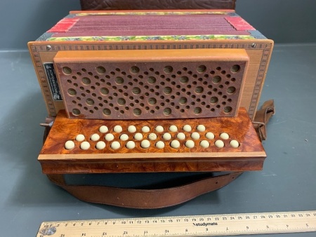 Vintage Swiss Bachenbulach Large Button Accordion with Marquetry Inlaid Stringing and Carry Case