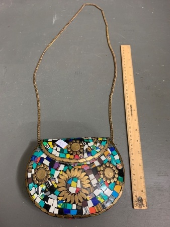 Unusual Brass and Mosaic Shoulder Bag on Brass Chain Strap