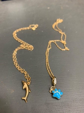 2 x 9ct Gold Chains with Pendants - Dolphin and Enamelled Paw