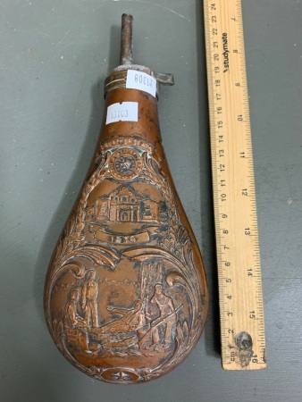 c1980's Vintage Embossed Copper Powder Flask Commemorating the Battle of the Alamo, Texas 1836