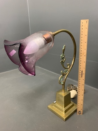 Vintage Brass and Copper Table Lamp with Etched Amethyst Glass Flower Shade