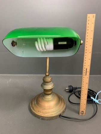 Contemporary Bankers Brass Style Desk Lamp with Green Glass Shade