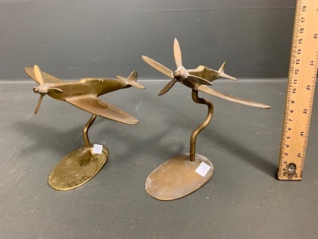 Pair of Graduated Brass Stylised Spitfire Paperweights on Stands