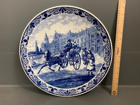 c1950's Large Delfts Blauw Wall Plaque / Charger by Chemkefa with Coaching Scene