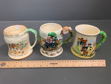 3 x Vintage Crown Devon Fieldings Musical Tankards - Auld Lang Syne - Daisy Bell - Widdicombe Fair Uncle Tom Cobleigh