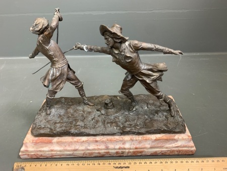 Dueling Cavaliers Hollow Cast Bronze Figures on Marble Plinth - Original by Edouard Drouot