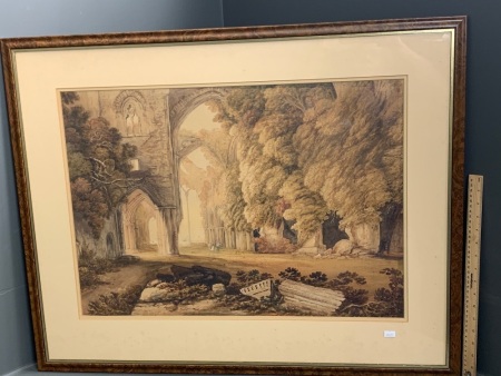 Figures Exploring Classical Ruins - Framed Antique 19thC Pencil and Watercolour - Unsigned