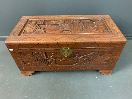 Chinese Carved Camphorwood Chest with Brass Mount