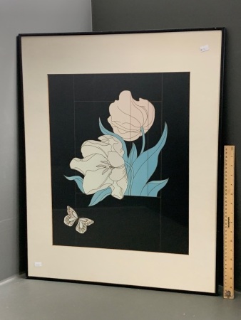 Framed Original 1980's Style Floral Artwork with Butterfly - Signed Gloria Eriksen