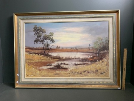 The Last Waterhole - Large Framed Oil on Board - Signed Peter J Hill 1996