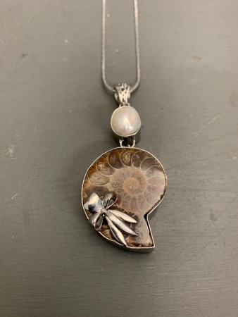 Amonite and Blister Pearl Mounted Pendant on Chain