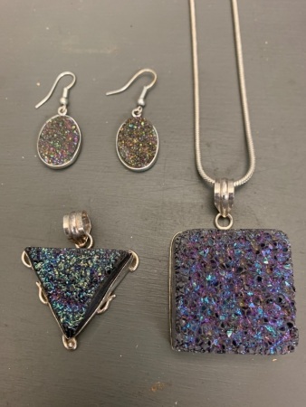 2 x Sterling Silver and Geode Crystal Pendants + Matching Earrings