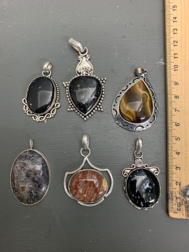 6 x Large Silver and Agate/Gemstone Pendants