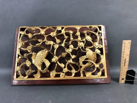 Intricately Carved Raised Timber Panel of Flowers & Koi Carp