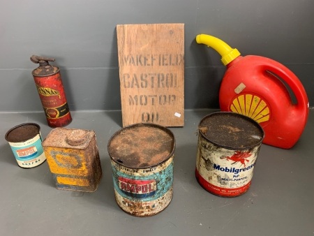 Asstd Lot of Old Oil/Grease Tins inc. Ampol, Golden Fleece, Shell Pennant + Wakfield Timber Crate End and Modern Shell Petrol Can