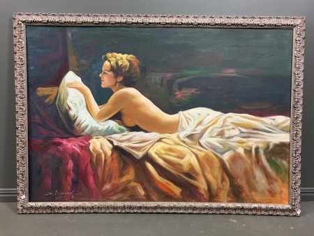 Large Framed Original Signed Oil on Board of a Recumbant Lady